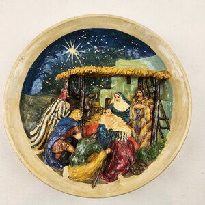 Vintage Ceramic Nativity Wall Hanging – 3D Christmas Manger Scene - Wise Men